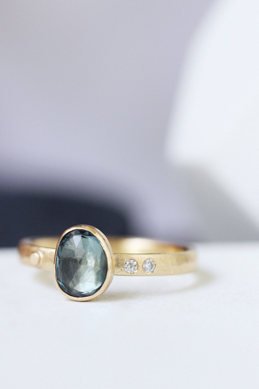 Gold London Blue Topaz Ring, Asymmetrical Oval 14K Yellow Band