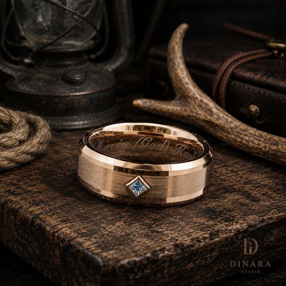 Rose Gold Tungsten Blue Topaz Ring 8mm Personalized Wedding Band
