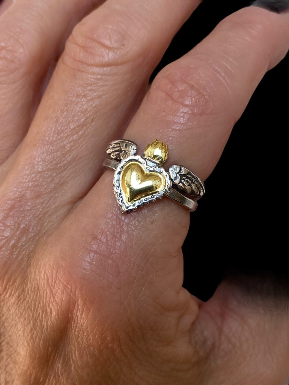 Winged Sacred Heart Ring/ Heart/ Sacred/ Silver Milagros Flaming Ring
