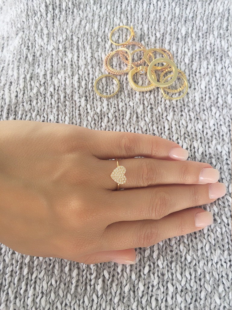 Heart Ring. Silver Heart Stackable Pave Cz Gold Rose Gold Stacking Silver Stackable