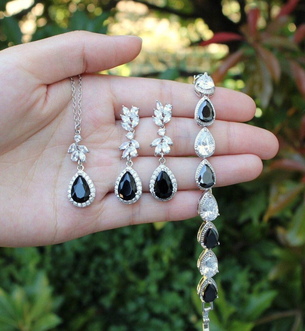 Custom Black Bridal Jewelry Earrings Bracelet Necklace Bridesmaids Gifts Wedding Set Black Silver Xy1