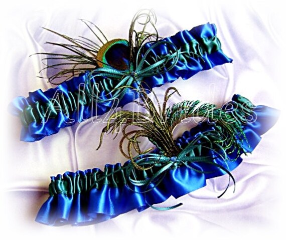 Peacock Feather Wedding Garters Set, Teal & Royal Blue, Bridal Accessory