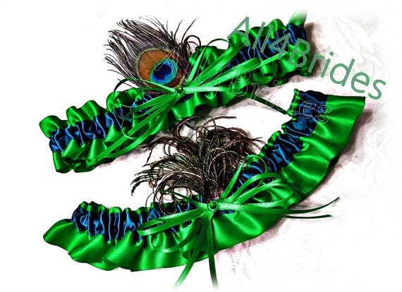 Peacock Feather Wedding Garter Set - Emerald Green & Teal Bridal Leg Garters