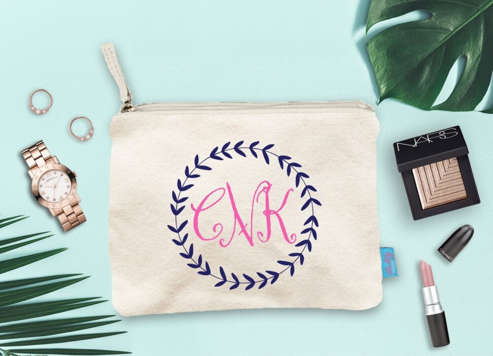 Monogram Bridesmaid Makeup Bag, Wedding Party Gift, Canvas Cosmetic Pouch
