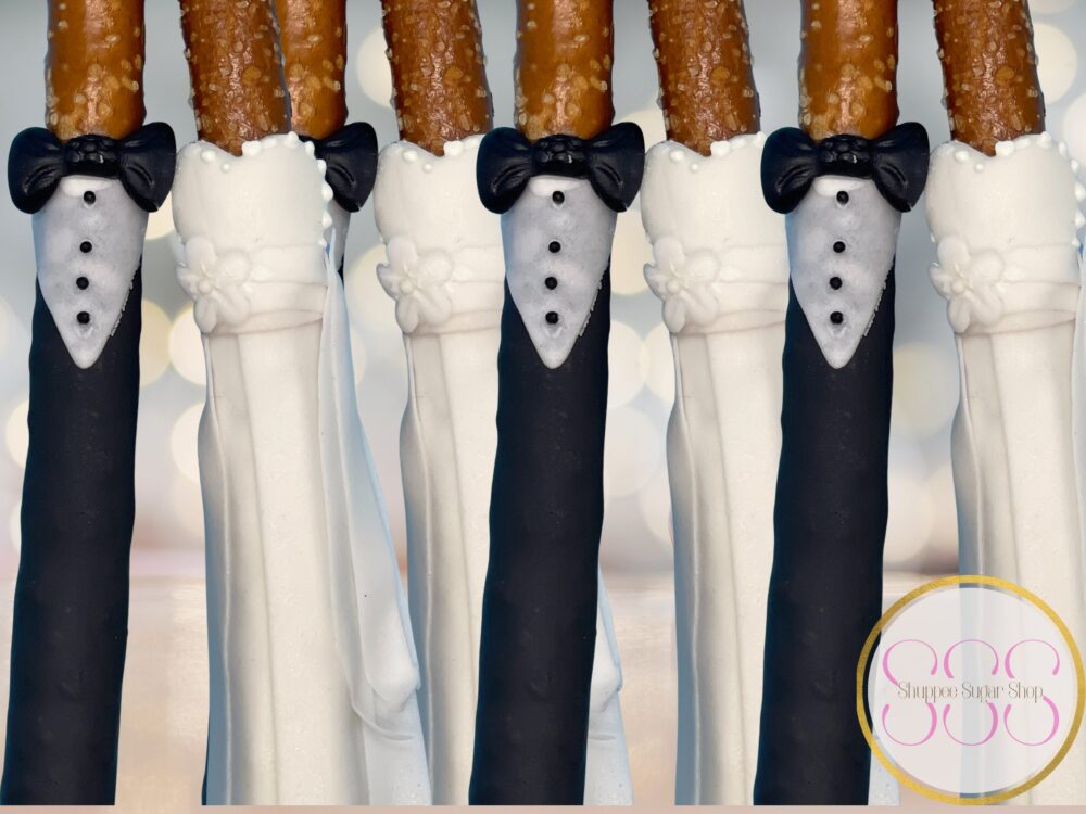 Custom Bride Groom Pretzel Rods, Tuxedo Wedding Dress Dessert Table Favors