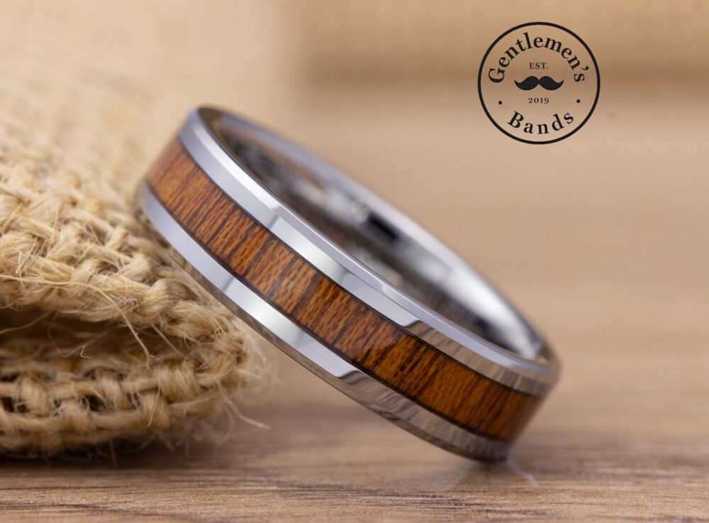 Mens Wedding Band Wood, Silver Band, Mans Wood Ring, Koa Promise Engagement Anniversary Ring