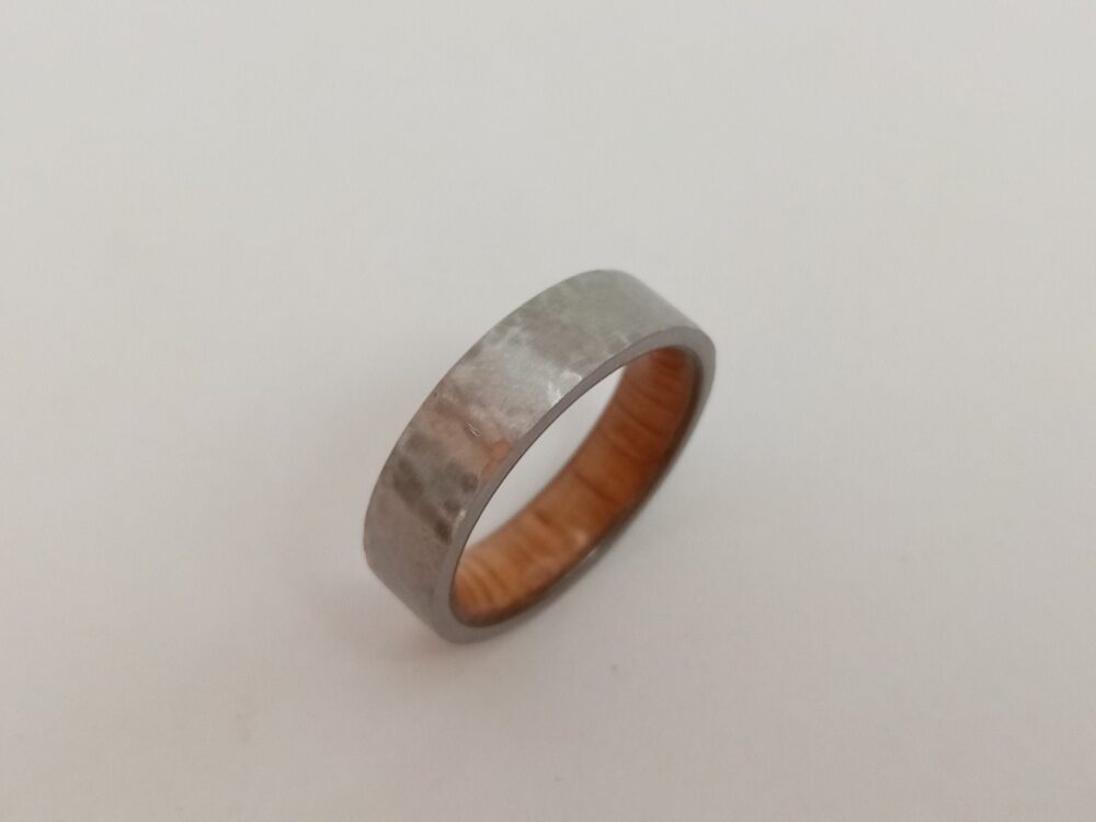 Hammered Titanium Wedding Band Whiskey Barrel Wood Ring, Rustic Square Design