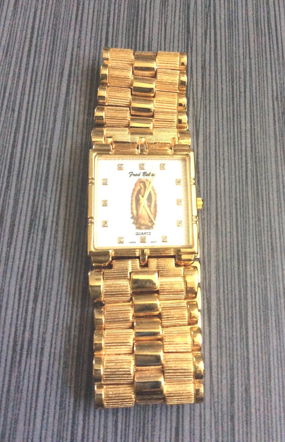 Men's Religious Image Watch Square White Sunray Dial On Gold Linked Band Quartz Vintage Un-Used Still in New Condition New/Old Stock Unique