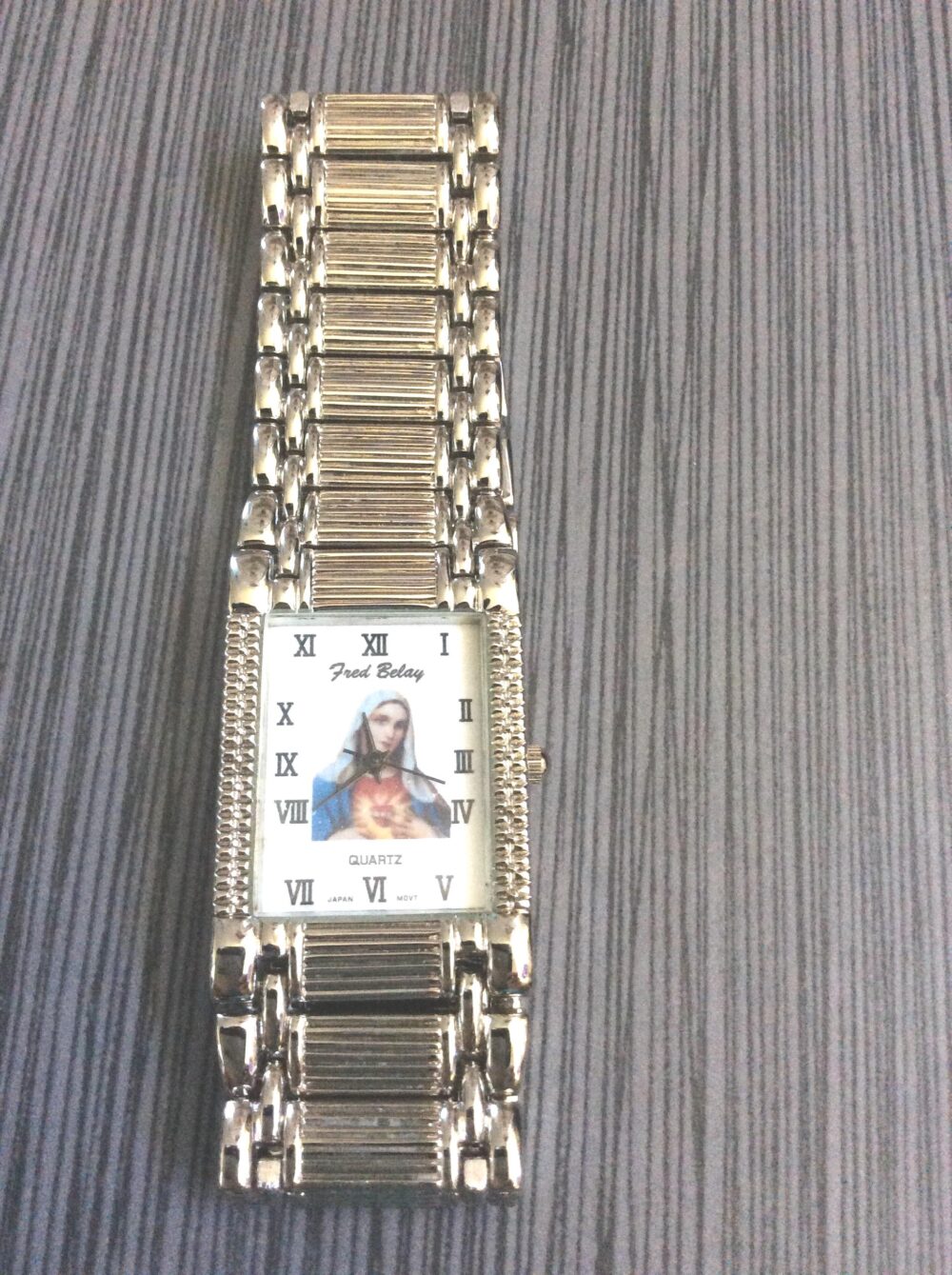 Religious Men's Silver Watch Rectangle White Dial Roman Numeral Hours On A Linked Band Vintage & Un-Used New/ Old Stock Rare Find