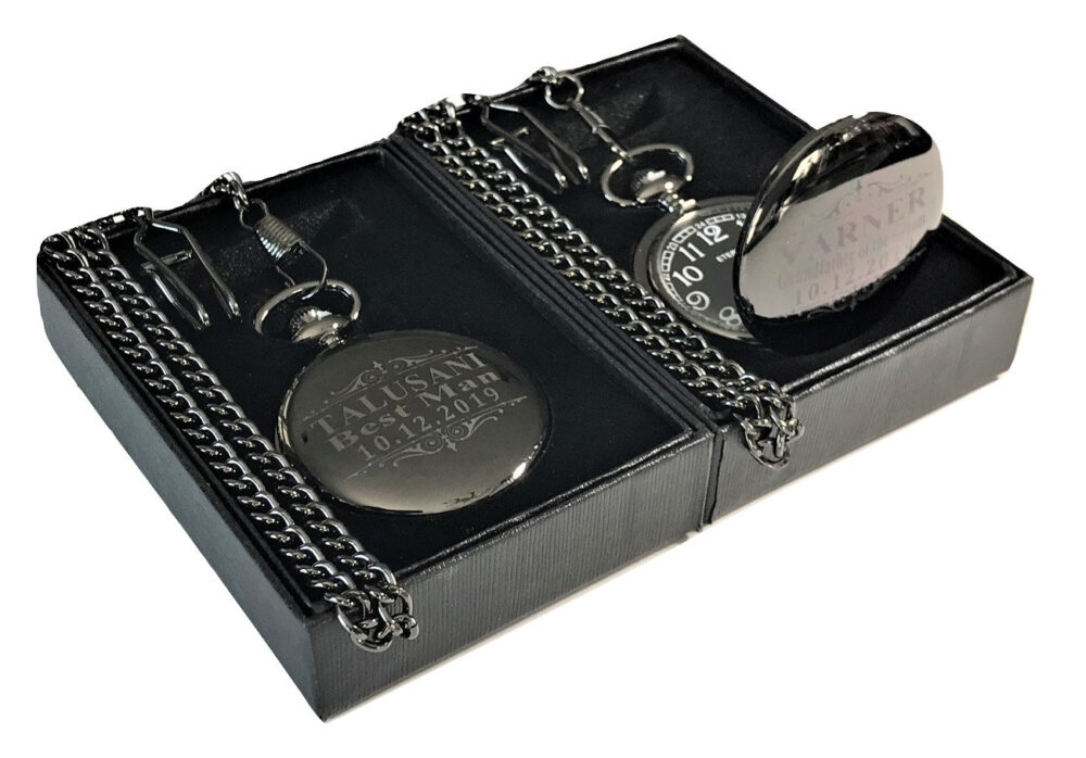 3 Personalized Engraved Black Pocket Watches, Men's Gift Box, Chain, Battery & Engraving Included, Vintage Style
