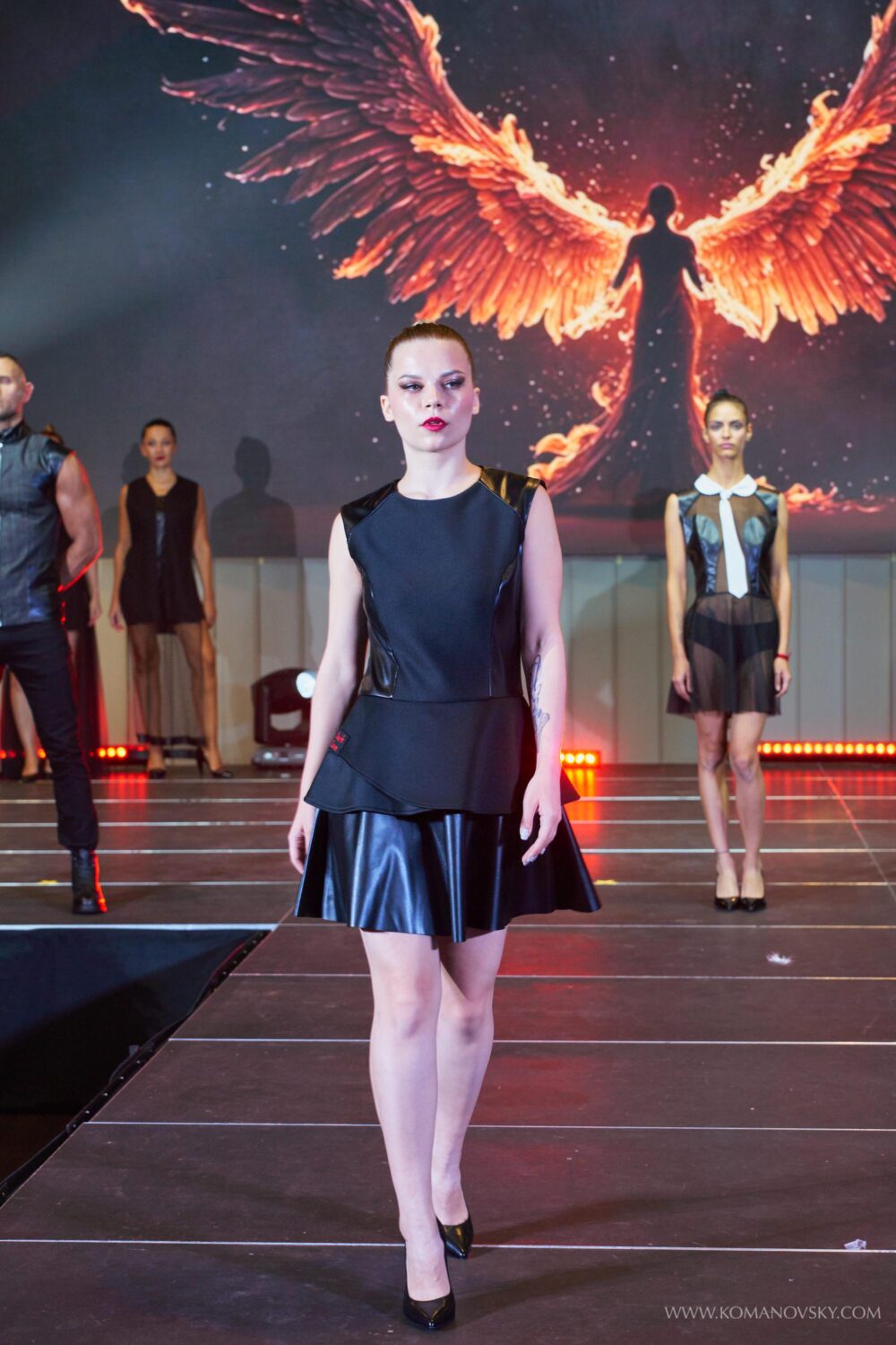 Black Neoprene Mini Dress With Faux Leather Skirt & Full Back Zipper