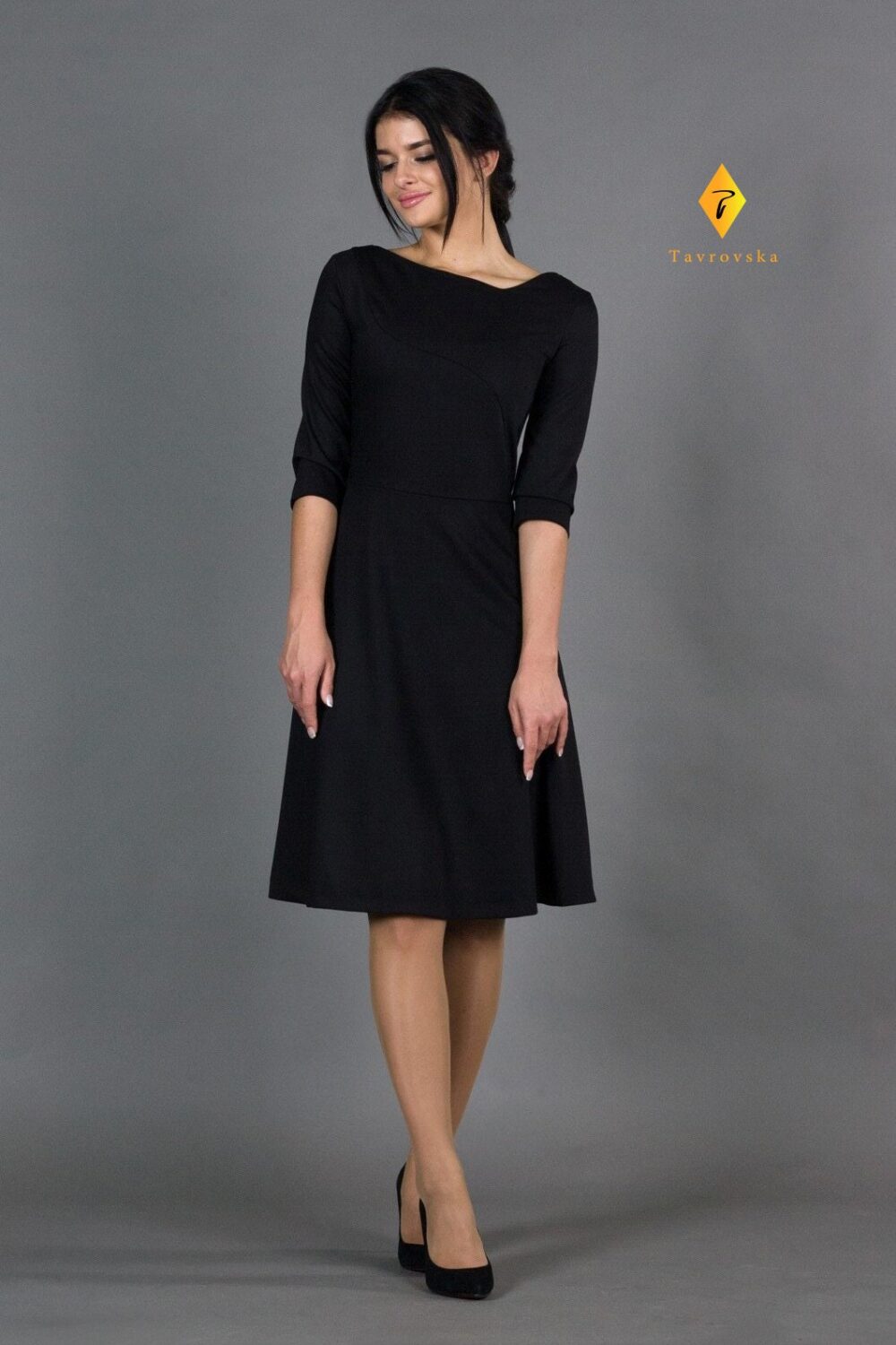 Asymmetrical Black Midi Dress, Fit & Flare, Cocktail Work Dress