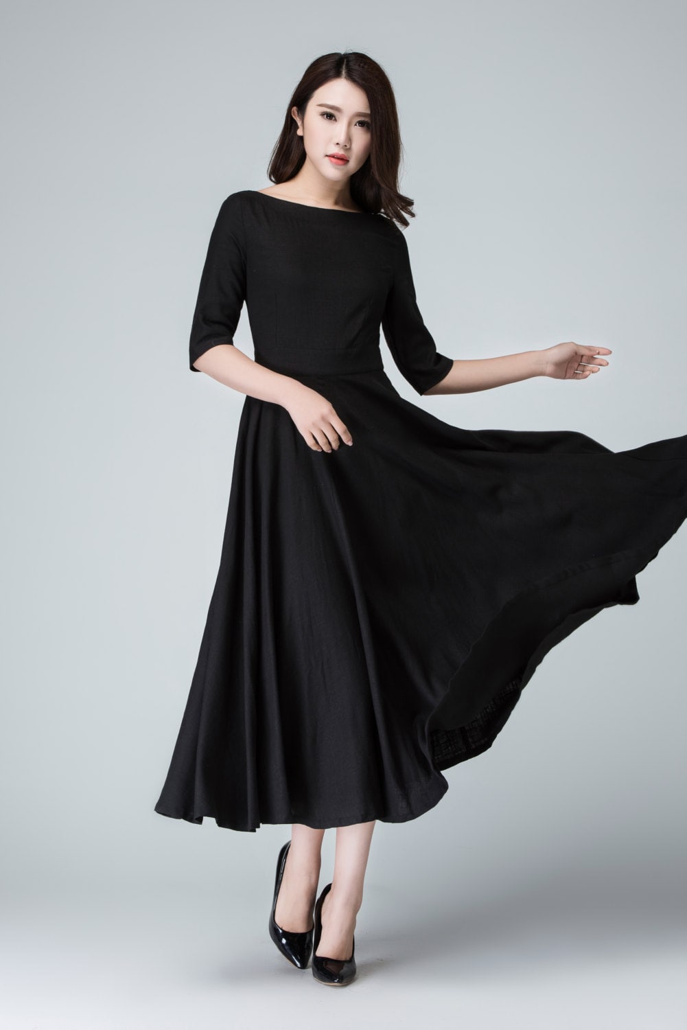 Black Linen Dress, Womens Dresses, Black Dress Women, Long Fit & Flare Boat Neck Evening Gown Sleeves 1458#