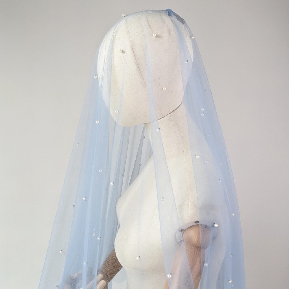 Dusty Blue Pearl Wedding Veil Tulle Bridal Blusher With Comb