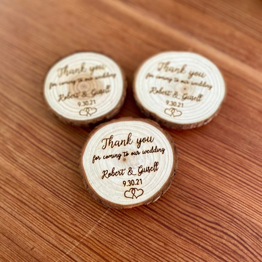 Custom Engraved Wood Slice Wedding Favor - Laser With Names, Date, & Magnet