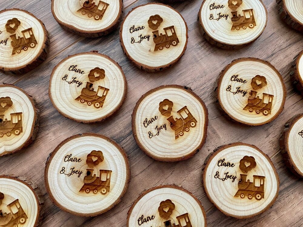 Engraved Wood Slice Wedding Favor Or Save The Date - Laser With Train, Names, & Magnet