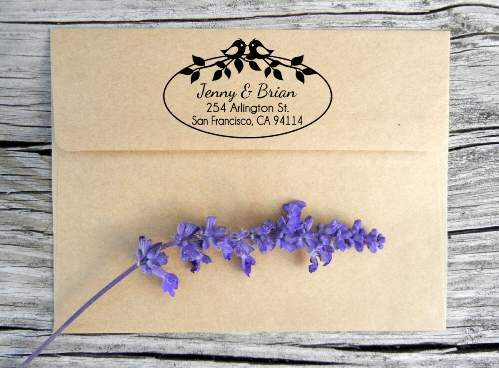 Love Bird Custom Address Stamp, Wedding Address Stamp, Couples Return Stamp By Blossom Stamps