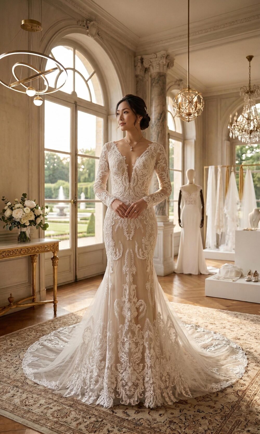 Lace Backless Wedding Dress, Boho Mermaid Bridal Gown, Long Sleeve Vintage Inspired Beach Dress