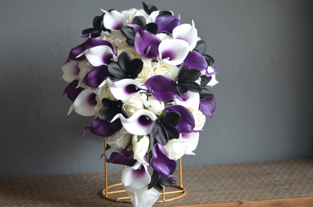 Black Purple Wedding Bouquet, Classic Plum Bouquets, Boutonnieres, Real Touch Calla Lilies, White Roses, Plumeia, Fake Flowers