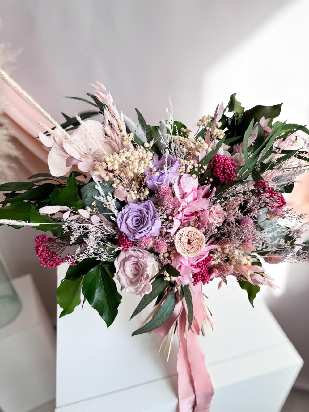 Pink Lilac Greenery Wedding Bouquet, Dried Flowers Bridal Custom Matching Bridesmaids Bouquets, Summer Arrangement