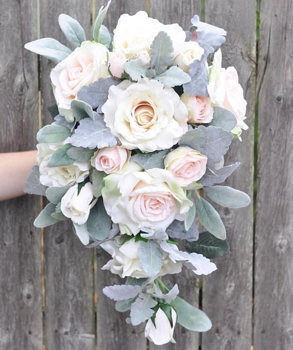 Blush Rose Wedding Bouquet, Cream Roses Blush Rose, Dusty Miller & Lambs Ear Greenery, Rose Keepsake Bouquet