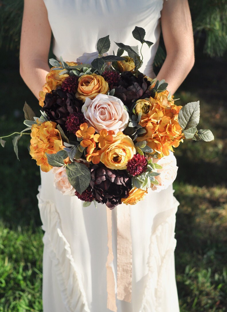 Wedding Bouquet, Flowers, Bridal Yellow Burgundy Roses, Fall Autumn Wedding, Mustard Bouquet