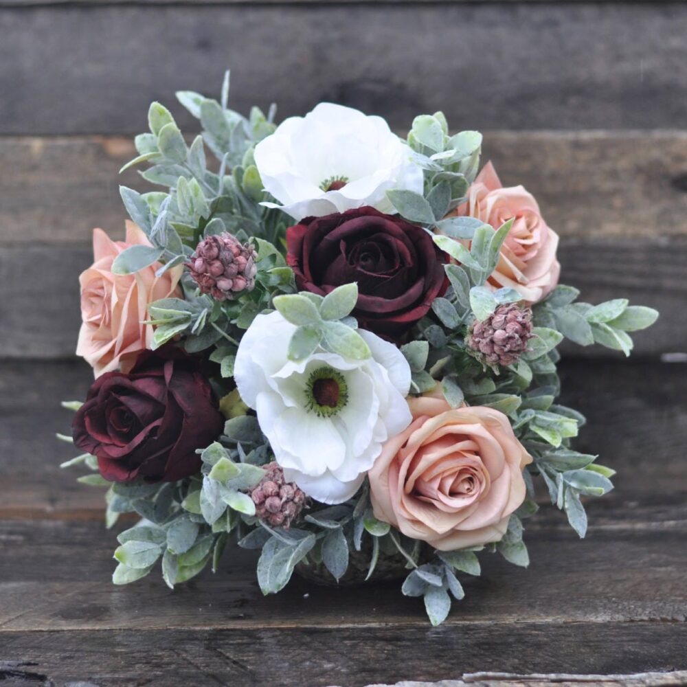 Wedding Bouquet, Silk Burgundy Rose, Rose Anemone, Faux Flowers, Bride Bridal Flowers
