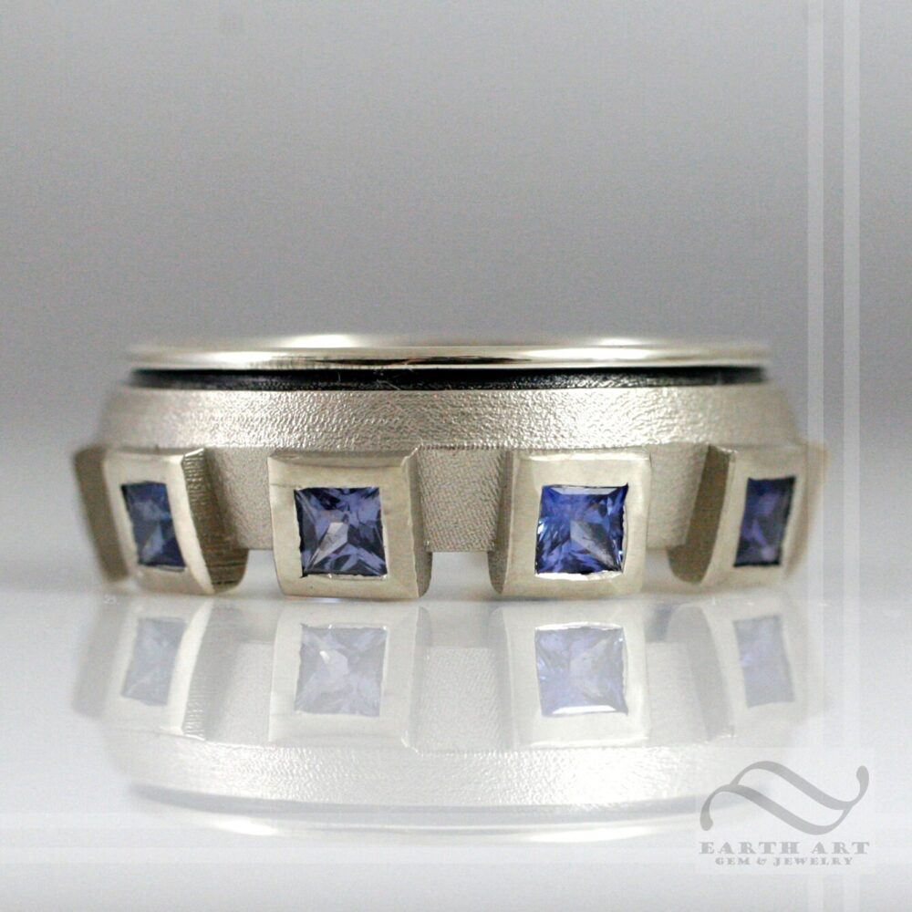 Mens Starship Ring - A Sapphire & White Gold Wedding Band Natural Princess Cut Sapphire Mens Eternity Ring