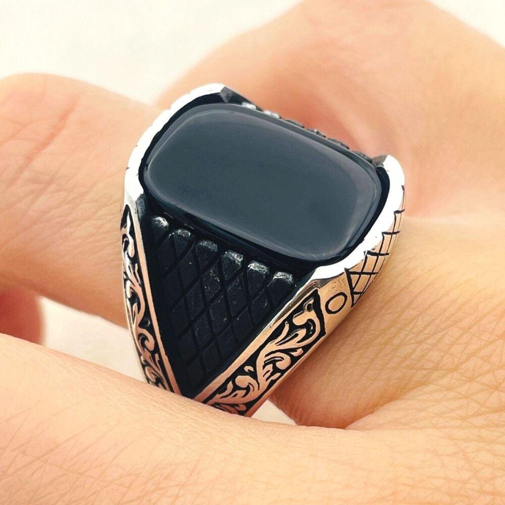 Handmade Mens Onyx Ring 925 Sterling Silver, Black Stone