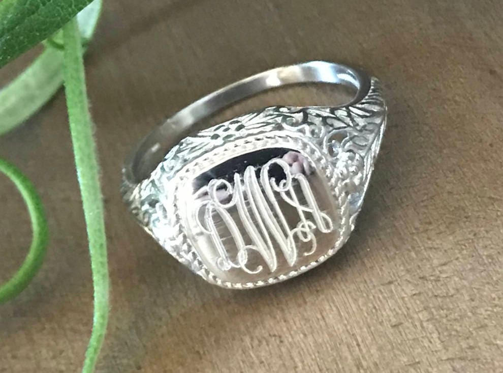 Sterling Silver Monogrammed Ring Square -Vintage Style