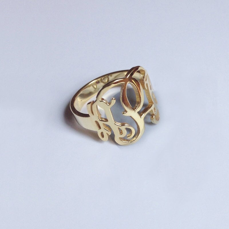 Silver Monogram Ring Initial, 0.6" Solid 925 Sterling Ring, Cut Out 3 Initial Personalized, Birthday Gift, Monogram Jewelry