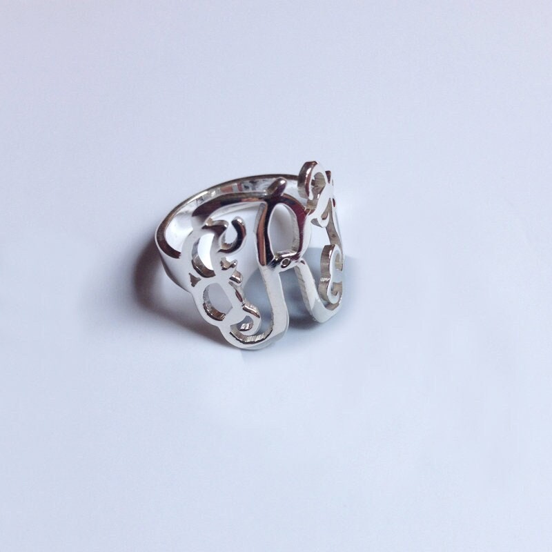 Gold Monogram Ring Initial, 0.6" Solid 925 Sterling Silver Ring, Cut Out 3 Initial Personalized, Birthday Gift, Monogram Jewelry
