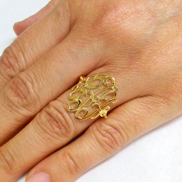 Gold Monogram Ring-Ring With Initials-Monogram Wire Ring-Script Initial Monogram-Ring Letter-Monogrammed-Three Ring