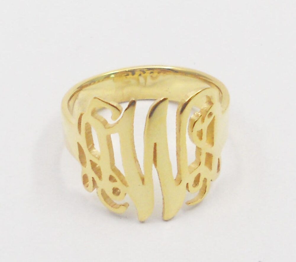 Gold Monogram Ring Initial, Cut Out 3 Initial Personalized, 0.6" Solid 925 Sterling Silver Ring, Birthday Gift, Monogram Jewelry