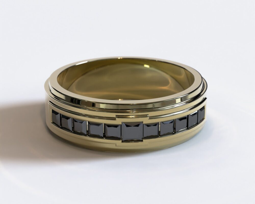 Mens Black Diamond Wedding Band/Gold Unique Ring
