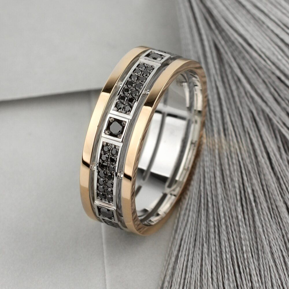 Unique Mens Wedding Band With Black Diamonds. Mens Ring. Wide Ring For Men. Black Diamond Gold