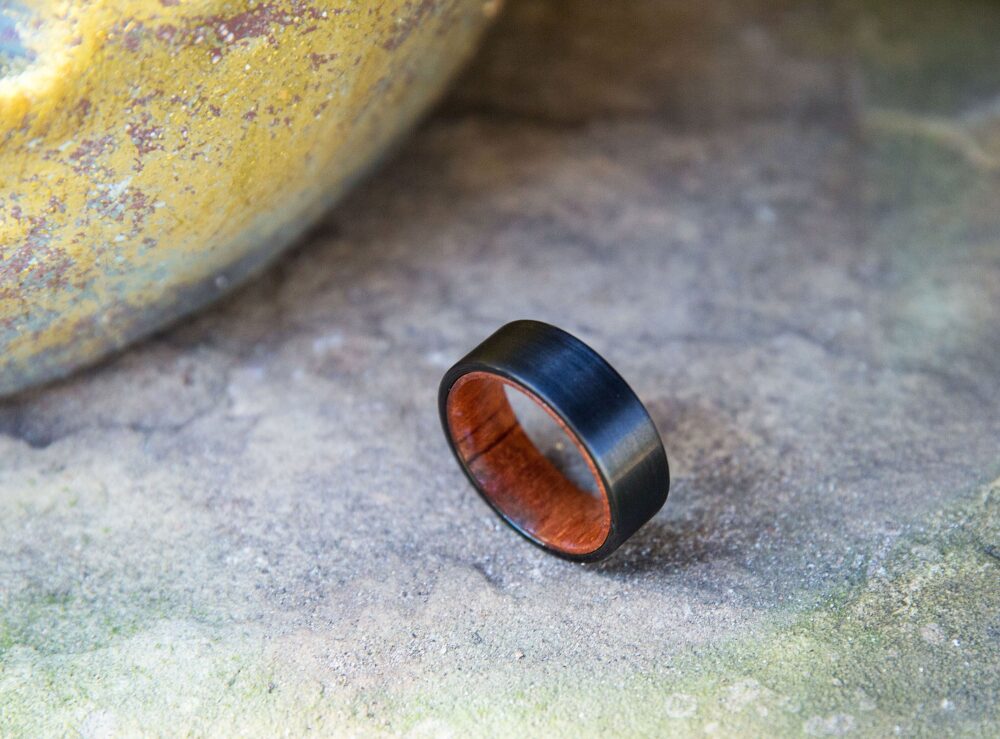 Wood Wedding Band, Wooden Ring, Mens Men Black Inlay Koa Ring