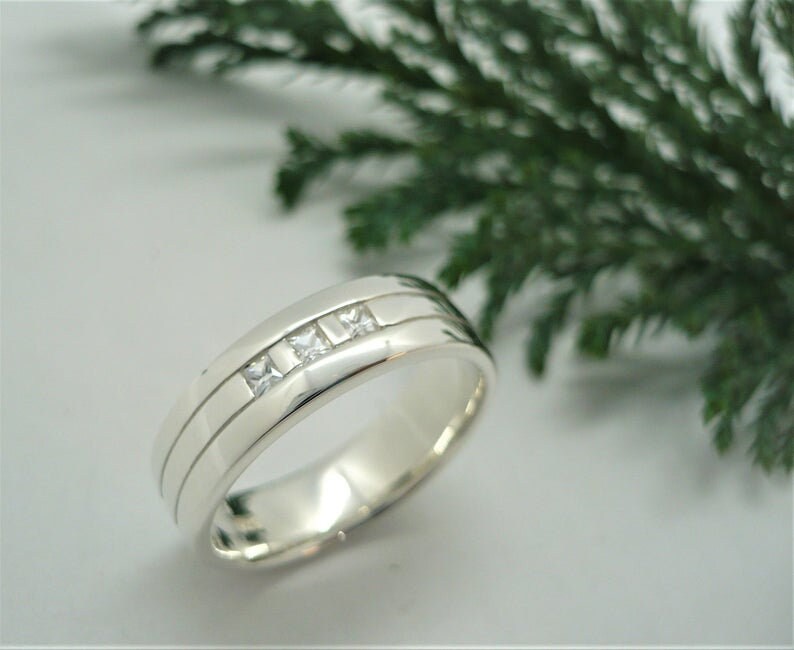 Handmade Sterling Silver Men's Wedding Band, Princess Cut Cz, Engravable