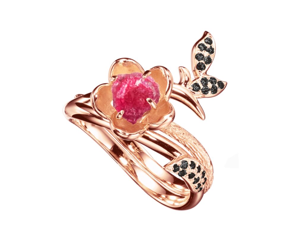 Raw Ruby Ring + Black Diamond Band Wedding Set/Engagement Set. 14K Rose Gold Flower Design Bridal Rings. Unique Engagement Rings