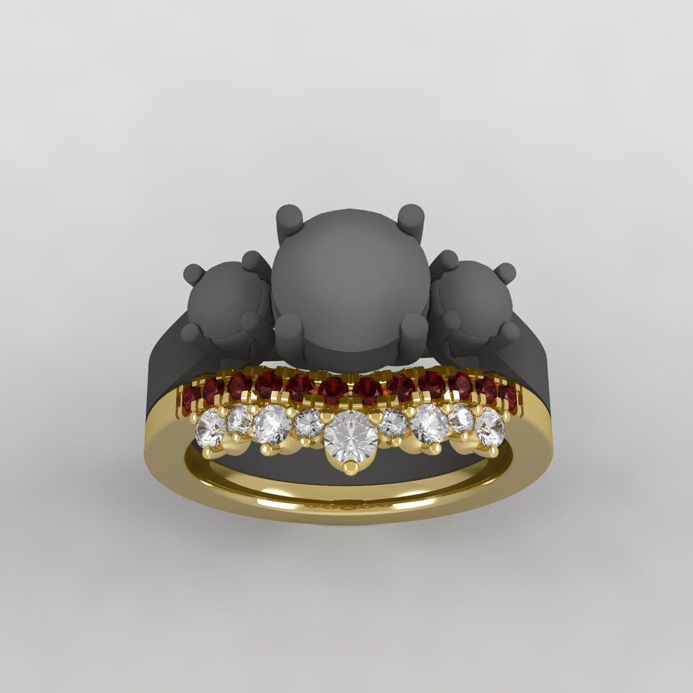 Unique Yellow Gold Wedding Band, Rubies & Moissanites Shadow Ring