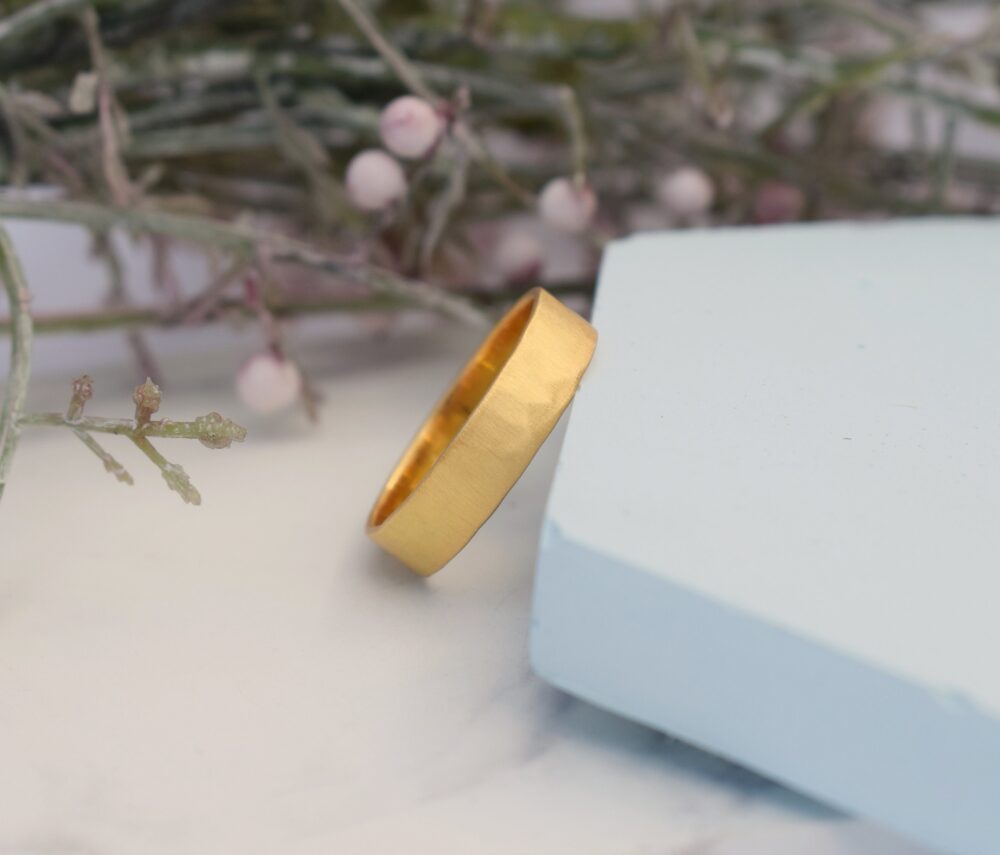 24K Gold Plated Sterling Silver Hammered Band Ring, 5mm Wide