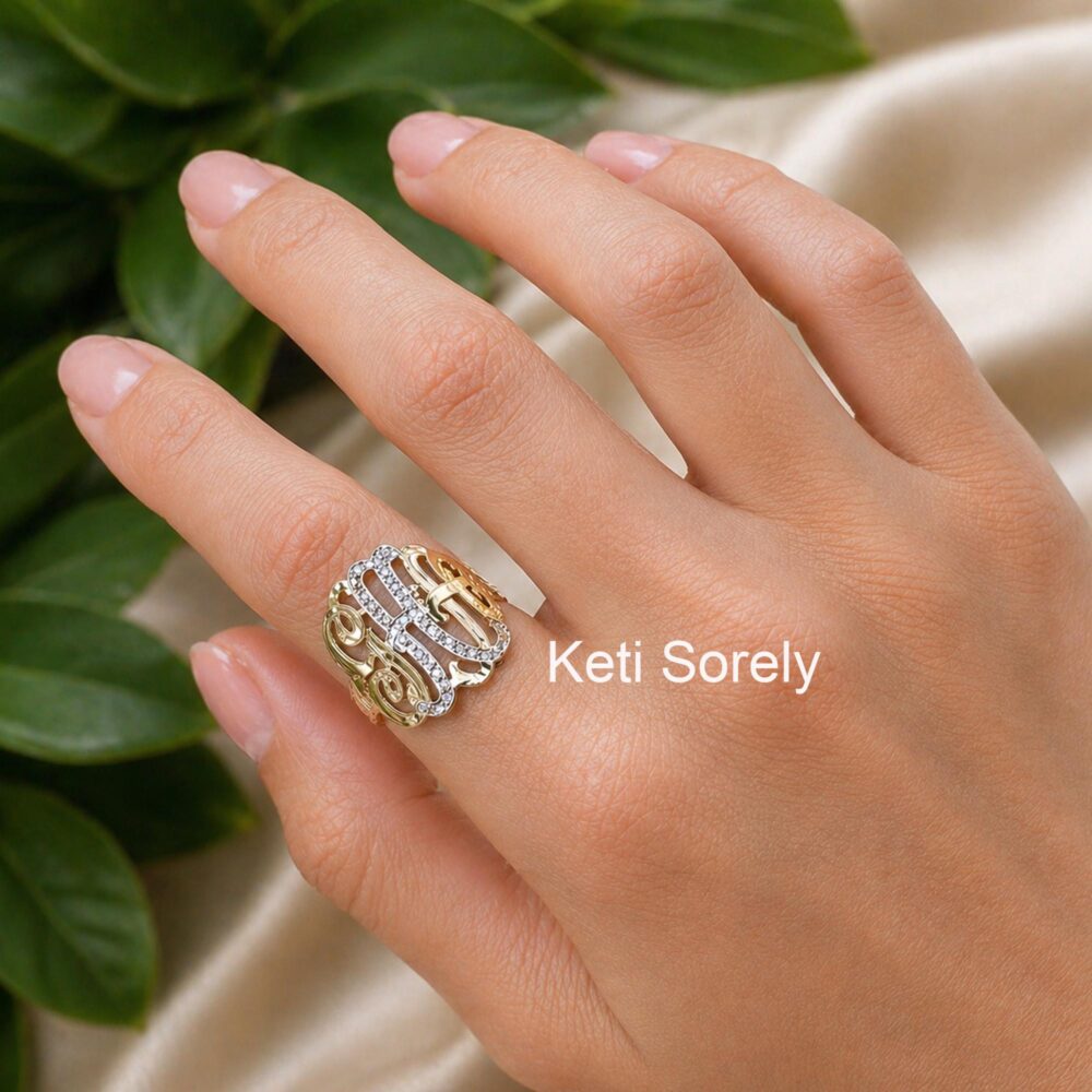 10K, 14K, 18K Solid Gold Or Silver Two Tone Monogram Initials Ring With Cz Stones, Custom Made Gift For Wife, Sister, Daughter, Girlfriend