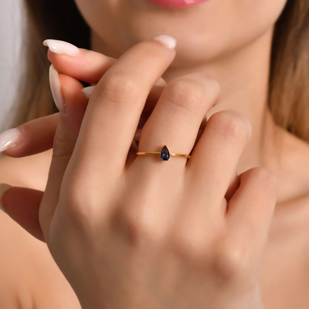 14K Solid Gold Pear Sapphire Ring, Solitaire September Birthstone Band