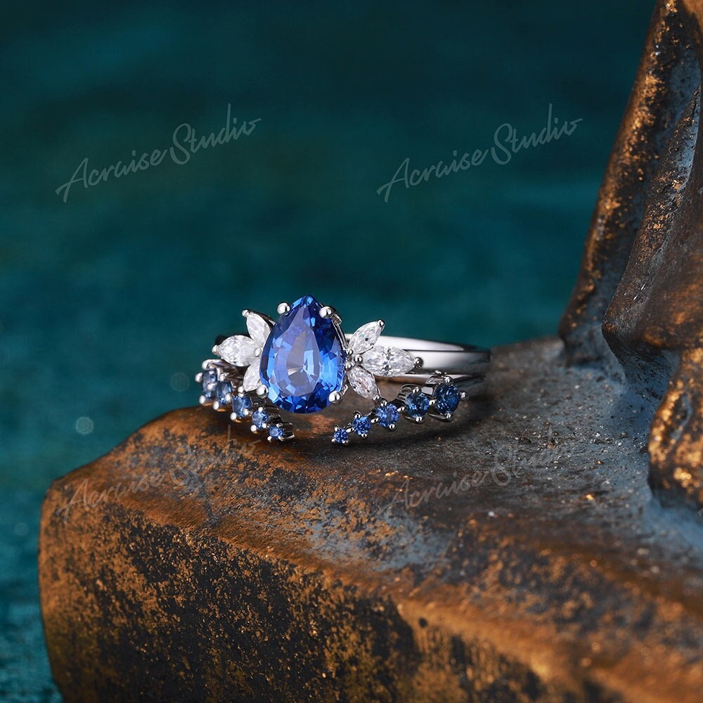 White Gold Sapphire Engagement Ring Set Pear Shaped Cornflower Rings Women Unique Wedding Bridal Blue Open Band