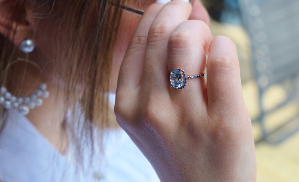 Ice Blue Sapphire Bridal Ring Set Rose Gold Engagement, Bands