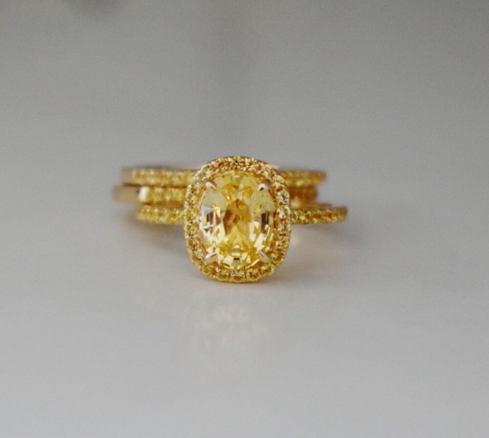 Canary Yellow Sapphire Bridal Set 14K Gold Engagement Ring With Matching Bands