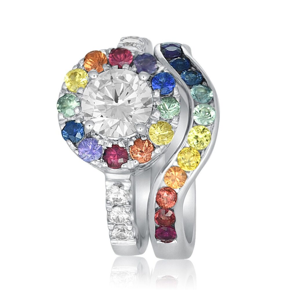 Halo Rainbow Sapphire & Diamond Engagement Ring Set 14K/18K White Gold Dainty Moissanite Wedding Jewelry Sku R023Aset-Wg