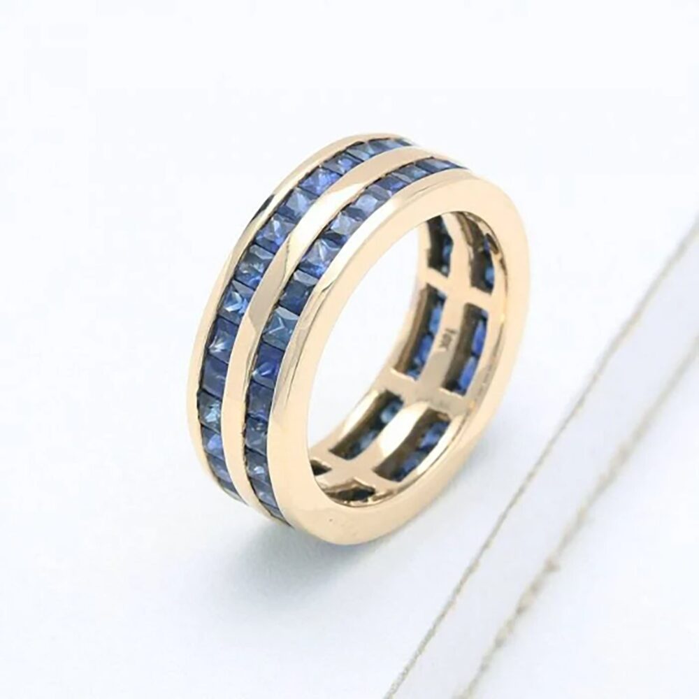 Unisex Blue Sapphire Engagement Ring | 10K Yellow Gold Men's Wedding Band 1.2Ct Princess Cut Sapphires Sku R1460-10Kyg-Blk