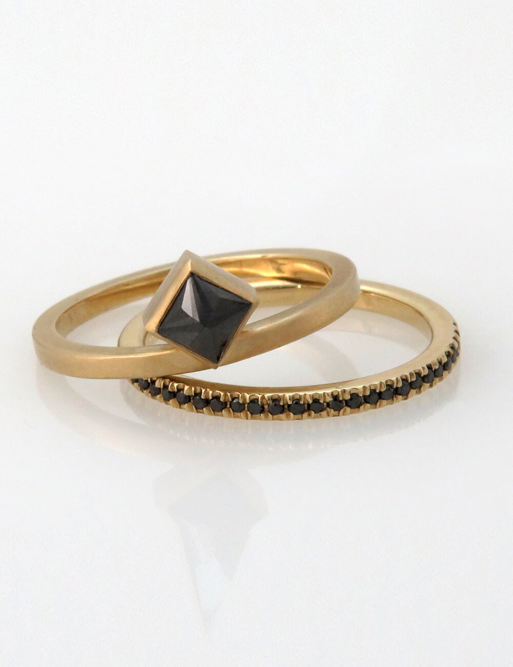Black Diamond Engagement Ring Set, Princess Cut Boho Black Eternity Band, Minimalist Modern Set