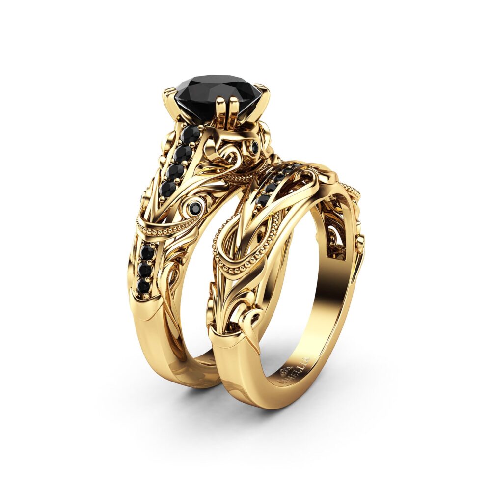 Black Diamond Engagement Ring Set 14K Yellow Gold Art Nouveau